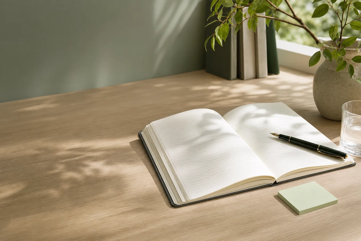An open notebook and green pen on a sunlit desk