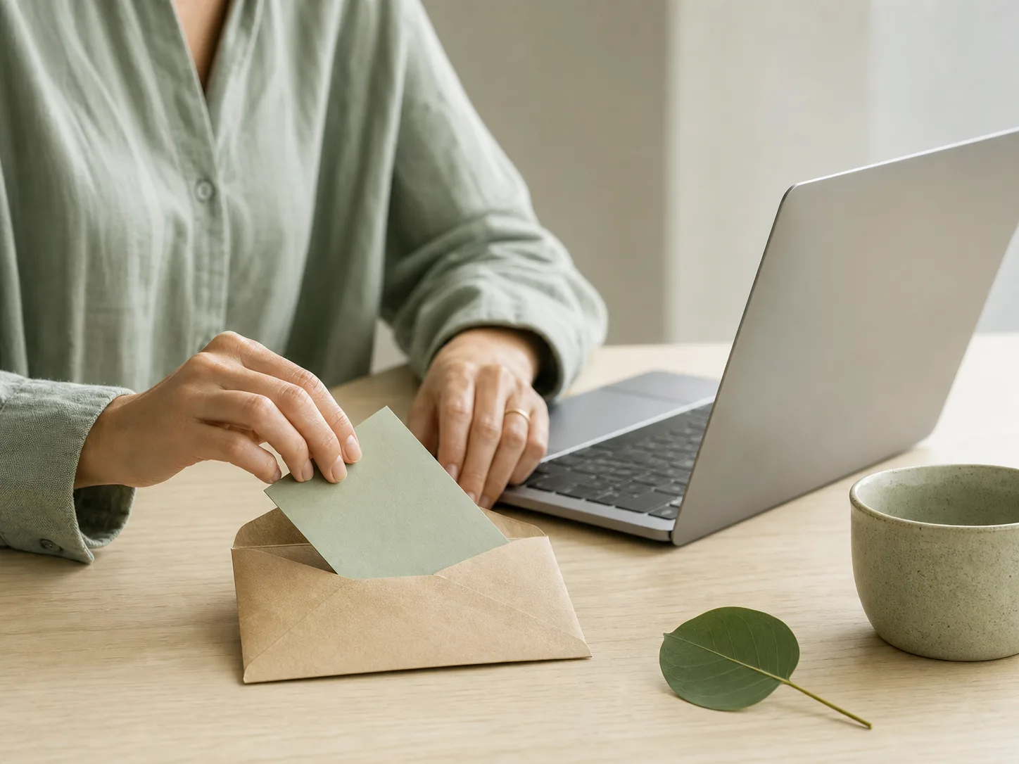 Hands placing a sage note into an envelope beside a laptop