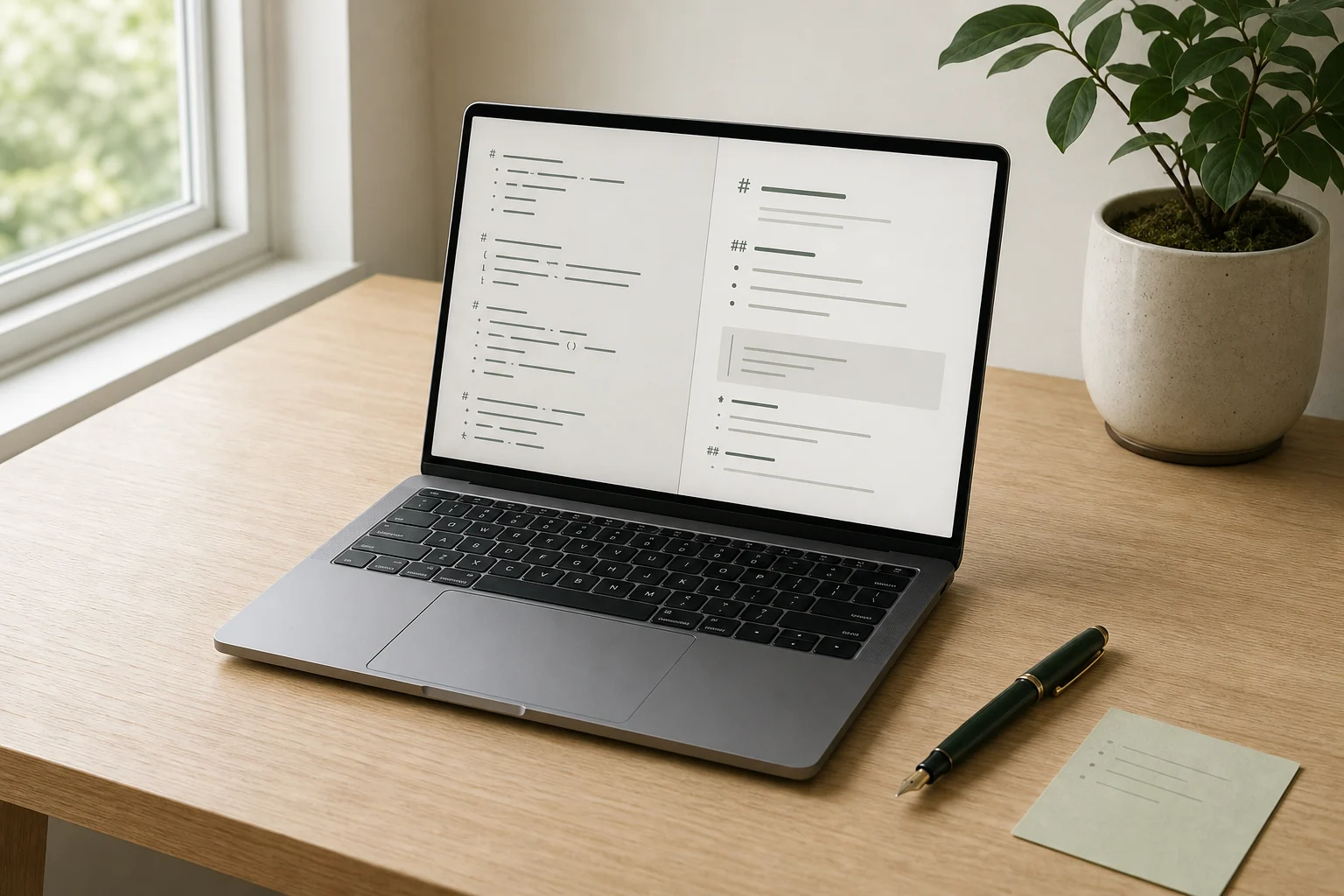 Markdown source and rendered preview displayed side by side on a laptop