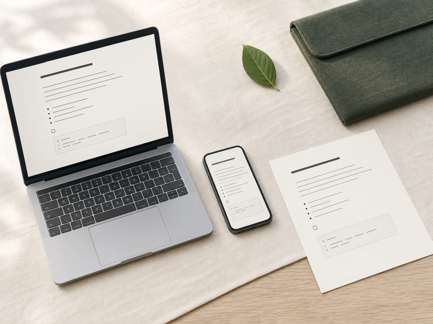 Markdown document structure shown consistently on a laptop, phone and printed page